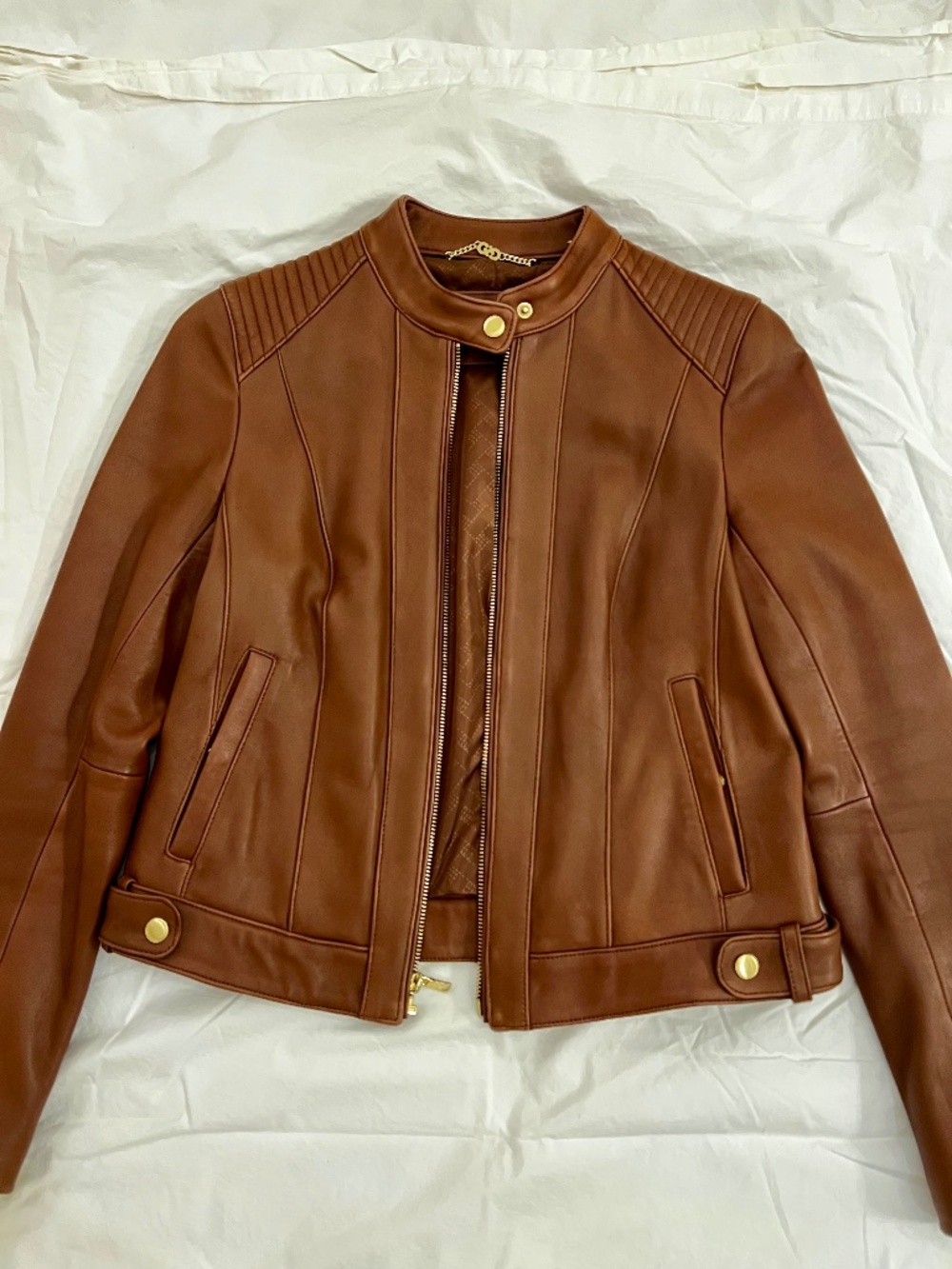 Cole Haan Chestnut Lambskin Leather Moto Jacket PM